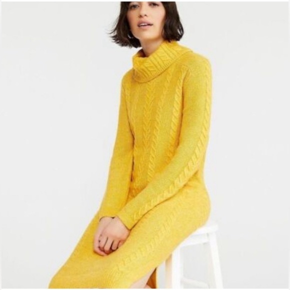 NWT Ann Taylor Butter Yellow and White Cable Knit Cowl Neck Cotton Sweater Dress - Picture 3 of 14